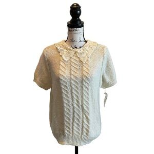 Koret Career Pullover Sweater Lace Collar Ivory Cream Size Large Vintage NWT